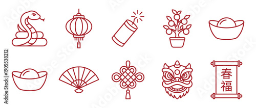 Set of red Chinese New Year icons featuring a snake, lantern, firecracker, ingot, and lion dance head, rendered in a clean, minimalist line art vector illustration style