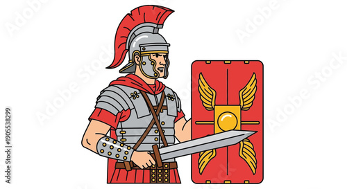 A detailed illustration depicts a roman soldier armed with shield and sword presented as a striking silhouette high quality professional modern elegant