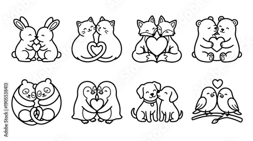 Set of cute animal couple illustrations showing love and romance, featuring rabbits, cats, foxes, bears, pandas, and dogs hugging and holding hearts in a simple line art style