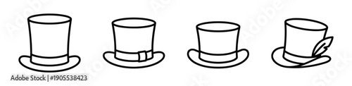 Set of four black outline top hats in a simple icon style, showing variations with a ribbon, buckle, and a feather, representing a classic gentleman accessory collection