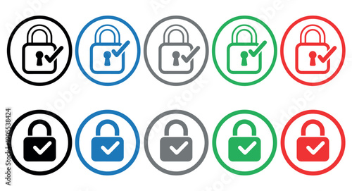 Collection of colorful padlock security icons with checkmarks and keyholes presented in a flat vector graphic style for concepts of safety and user interface design