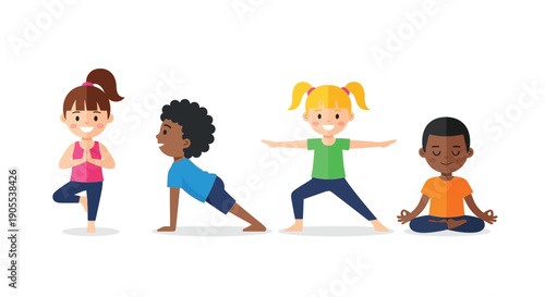 Four diverse children practicing different yoga poses in a simple flat illustration style silhouette high quality professional detailed modern elegant stylish clean