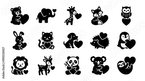 Collection of fifteen cute animal silhouettes holding hearts for a romantic Valentine's Day theme, featuring a bear, elephant, fox, panda, and lion in a lovely graphic style