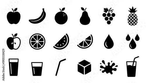 Collection of black fruit and juice icons showing an apple, banana, orange, pear, grapes, pineapple, and drink elements like a glass, straw, ice cube, and splash