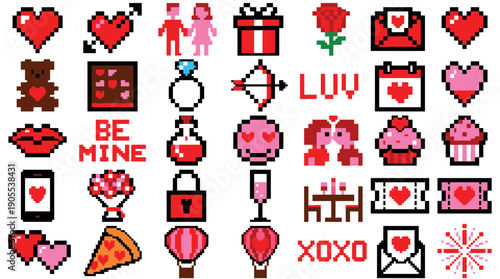 Large set of Valentine's Day pixel art icons featuring hearts, couples, gifts, and romantic symbols in a charming retro 8-bit video game style illustration