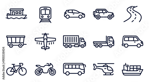 Set of transportation line icons featuring various vehicles for land, sea, and air travel, including a car, bus, train, ship, and airplane, in a simple minimalist pictogram style