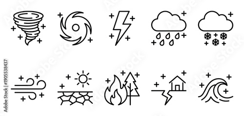 Set of ten natural disaster icons showing extreme weather events like tornado, hurricane, lightning, wildfire, and earthquake in a simple black outline vector style