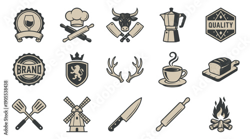 Set of vintage food and drink icons featuring coffee, wine, bakery, and butcher elements for branding and logo design in a retro monochrome style collection
