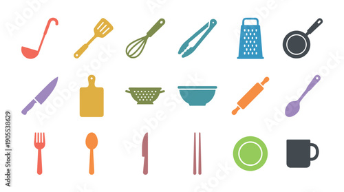 Colorful collection of kitchen utensil icons featuring a ladle, spatula, whisk, grater, pan, knife, and bowl in a flat, minimalist graphic design style for cooking concepts