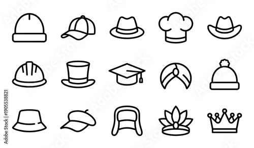 Collection of various hat icons representing different professions and styles in a simple black and white line art design, including a hard hat, chef's toque, and crown