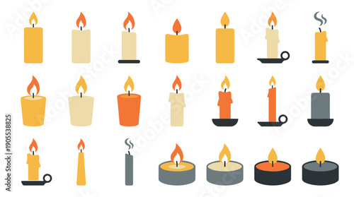 Large collection of colorful burning candles of various shapes and sizes, including pillar, taper, and tealight, presented as a flat design icon set