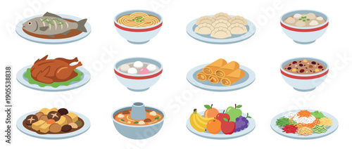 Collection of traditional Asian food illustrations for a Lunar New Year celebration, featuring fish, chicken, dumplings, noodles, and hot pot in a clean flat vector style