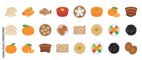 Set of colorful traditional Chinese food illustrations for a festive holiday meal featuring dumplings, noodles, pork belly, and oranges in a simple, clean graphic design