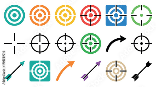 Colorful collection of target and arrow icons in a flat graphic design style, featuring various crosshair, aim, and goal symbols for business and marketing concepts