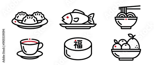 Set of six Asian food icons representing traditional Lunar New Year dishes and symbols in a minimalist black and red line art style, including dumplings, fish, noodles, tea, cake, and fruit