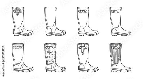Eight different rubber wellington boots illustrated in a clean black and white line art style with various patterns and buckle details for rainy weather fashion