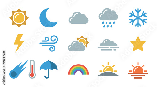 Colorful set of flat weather icons representing various meteorological phenomena like sun, rain, snow, wind, and temperature for a forecast application or infographic design