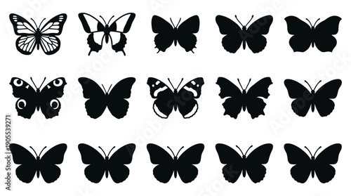 Collection of black butterfly silhouettes with various wing shapes and patterns, representing a diverse set of insect icons for graphic design and decorative elements