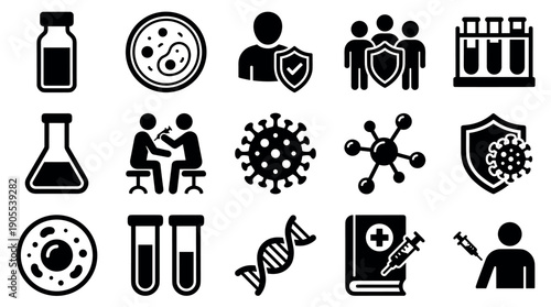 Set of black vaccination and virus icons showing immunization, medical research, laboratory equipment, and healthcare symbols in a clean, minimalist vector graphic style
