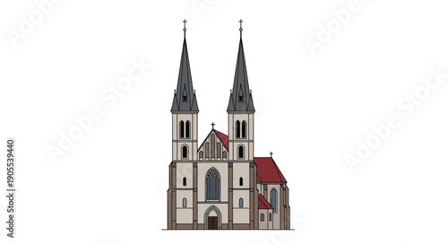 A detailed illustration depicts a gothic cathedral facade with pointed spires showcasing architectural grandeur silhouette high quality professional modern elegant stylish