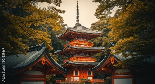 Wallpaper Mural Red pagoda framed by trees, Asian temple, autumn colors Torontodigital.ca