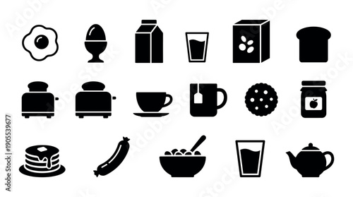 Set of black breakfast food and drink icons representing a morning meal with eggs, toast, cereal, pancakes, sausage, coffee, and tea in a simple glyph style