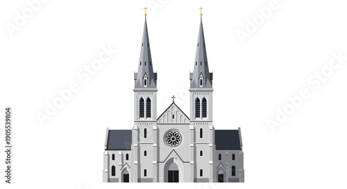 A detailed illustration depicts a grand cathedral facade with twin spires showcasing gothic architecture silhouette high quality professional modern elegant stylish