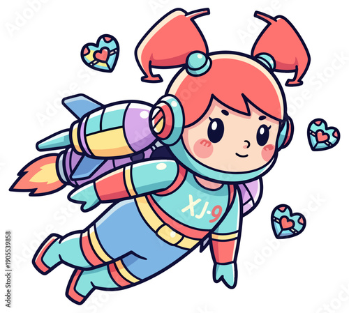 Cute Cartoon Girl Flying with Rocket Jetpack and Hearts in Space