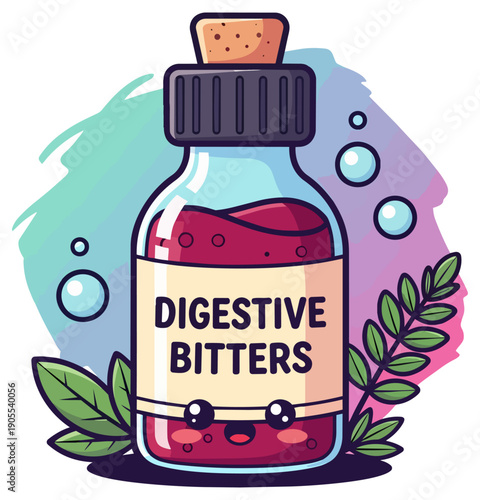 Kawaii Digestive Bitters Medicine Bottle Herbal Health Elixir Illustration