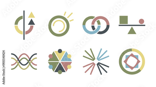 Set of abstract geometric business icons featuring minimalist flat design and a muted color palette to represent concepts like teamwork, balance, connection, and growth