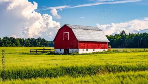 Red barn, white foundation, in a lush green field under a bright blue sky with fluffy white clouds