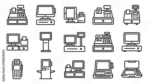 Collection of cash register and POS system icons in a minimalist line art style, showing various electronic payment terminals, tills, and checkout equipment for retail business