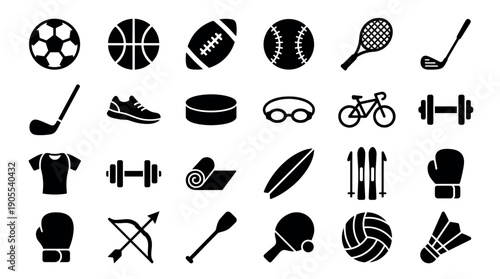 Large set of black sports icons representing various athletic activities and equipment for games like soccer, basketball, tennis, and fitness in a simple minimalist glyph style