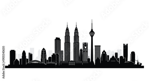 A striking black skyline of kuala lumpur malaysia showcasing iconic towers and structures silhouette high quality professional detailed modern elegant stylish