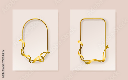Luxurious golden frames with elegant ribbons for design.