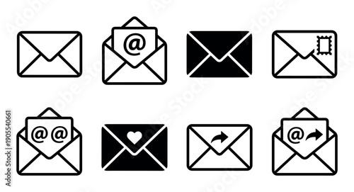 Collection of black mail and email icons showing different communication concepts like sending, receiving, and forwarding messages in a minimalist line art and solid style