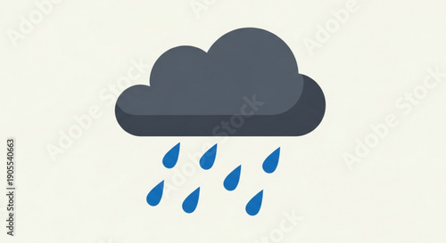 Dark gray rain cloud with blue raindrops falling down on a beige background
