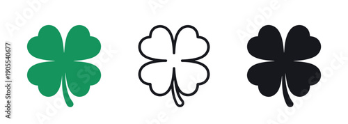 Set of three four-leaf clover icons in different graphic styles, including a solid green fill, a simple black outline, and a black silhouette for good luck concepts