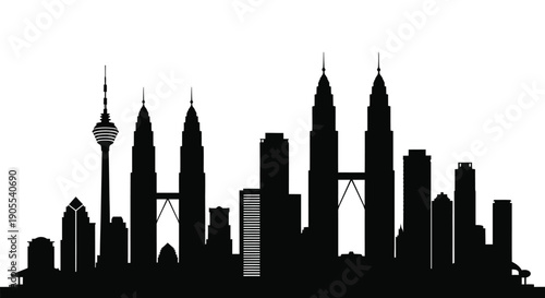 A striking black cityscape of kuala lumpur s skyline featuring iconic towers and structures silhouette high quality professional detailed modern elegant stylish clean