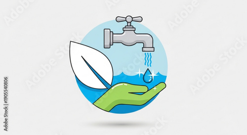 Hand holding leaf with water droplet from faucet symbolizing conservation and sustainability