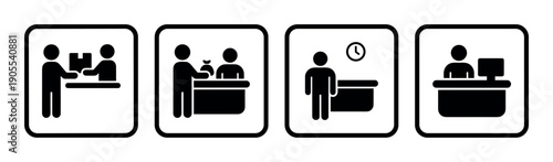 Set of four black glyph icons showing customer service scenarios including package delivery, payment, waiting for an appointment, and a worker at a computer desk