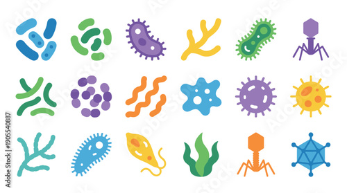 Colorful collection of various microorganism icons showing different types of bacteria, viruses, germs, and pathogens in a flat, stylized design for scientific illustration