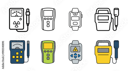 Set of Geiger counter and dosimeter icons in outline and color styles for measuring radiation levels, featuring various device designs like handheld, wrist-worn, and survey meters