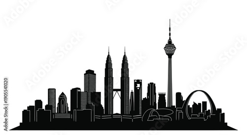 A striking skyline depiction of kuala lumpur malaysia showcasing iconic landmarks in black silhouette high quality professional detailed modern elegant stylish clean