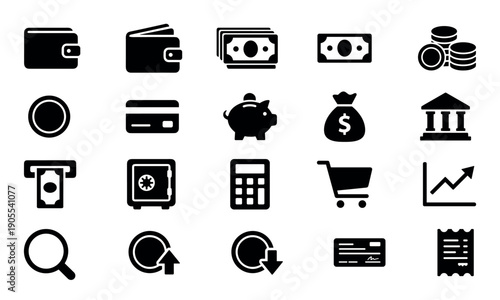 Black solid finance and money icon set including wallet, credit card, piggy bank, coins, banknotes, and shopping cart symbols for web and mobile applications