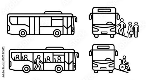 Set of four black line icons showing a city bus from side and front views with passengers boarding, including a person in a wheelchair using an accessibility ramp