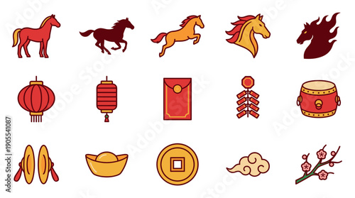 Set of colorful vector icons for the Chinese New Year of the Horse, featuring traditional symbols like lanterns, firecrackers, red envelopes, and a drum in a flat outline style