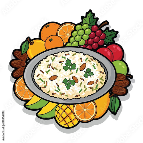 Colorful assortment of fresh fruits surrounding a bowl of rice with almonds and herbs.