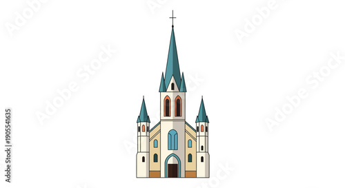 A colorful illustration depicts a detailed church facade with twin towers and a prominent steeple silhouette high quality professional modern elegant stylish