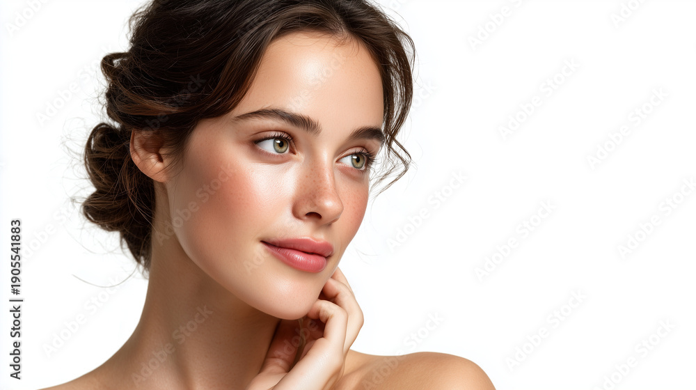 Fototapeta premium Clean white background beauty portrait ideal for advertising and graphic design. 